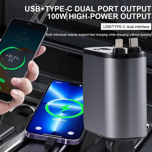 100w 4 IN 1 Retractable Car Charger USB